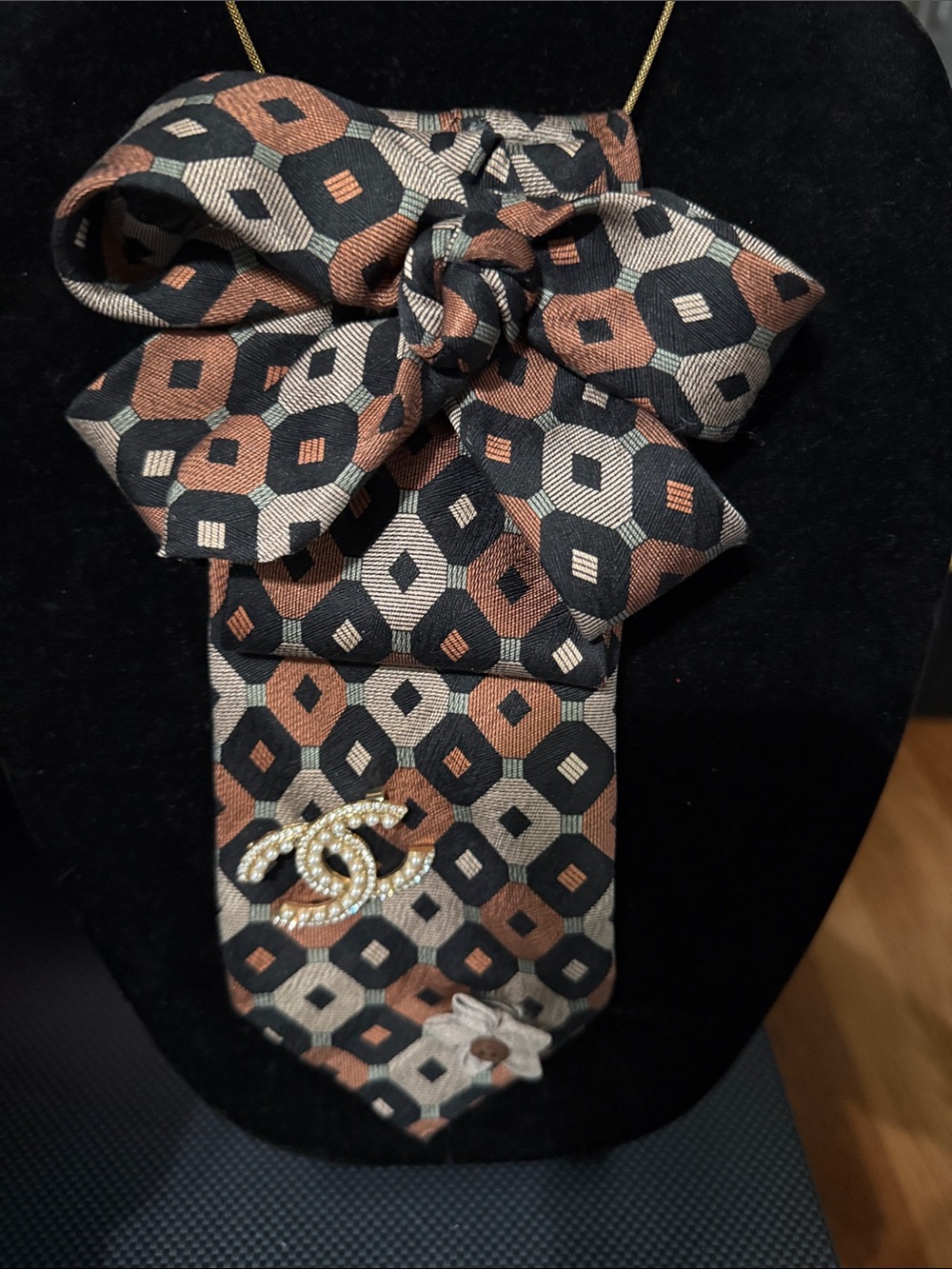 CHANEL Black, Brown & Cream Geometric Silk Bow Necklace